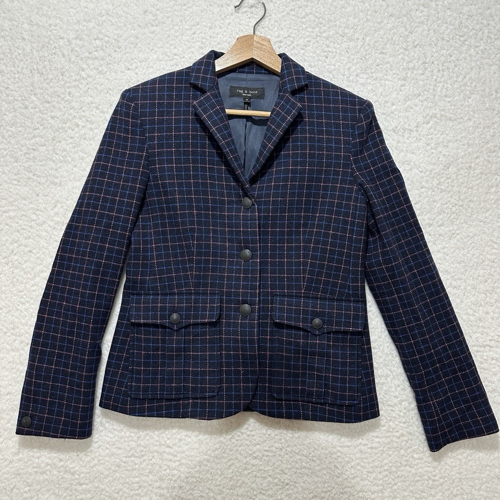 Rag & Bone Black Blue Orange Wool Blend‎ Plaid Blazer Women's Size 4 Made In USA